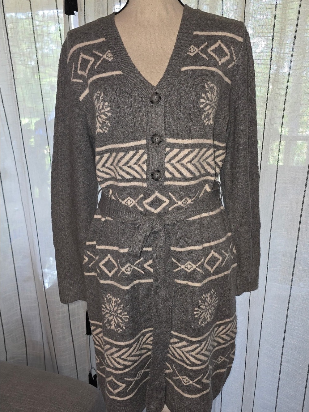 Lucky Brand Gray and Cream Patterned Knit Cardigan